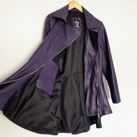 Real 100% Genuine Leather Peplum Long Sleeves Asymmetric Jacket M Purple - Picture 9 of 16